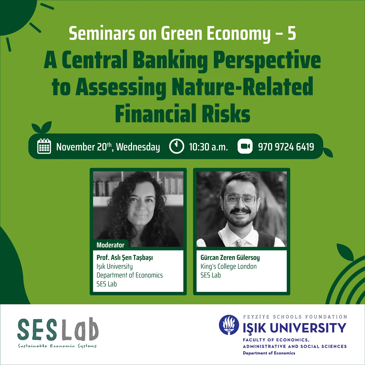 Poster for the Işık University seminar 'A Central Banking Perspective to Assessing Nature-Related Financial Risks', with the speaker and moderator.