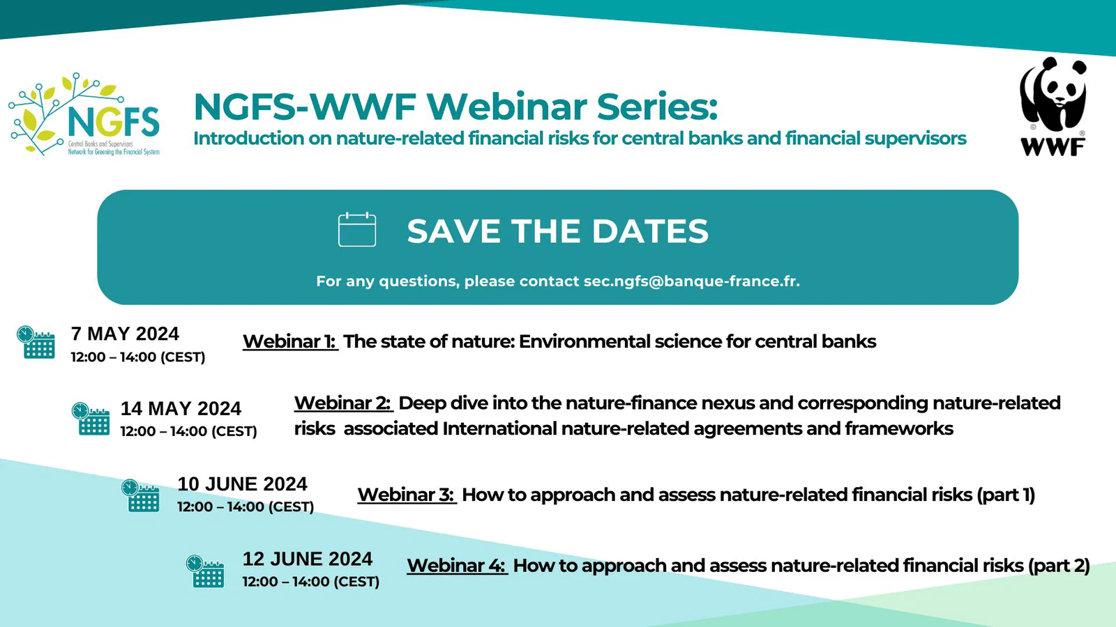 NGFS–WWF webinar series 'Save the Dates' poster listing four sessions on nature-related financial risks for central banks.